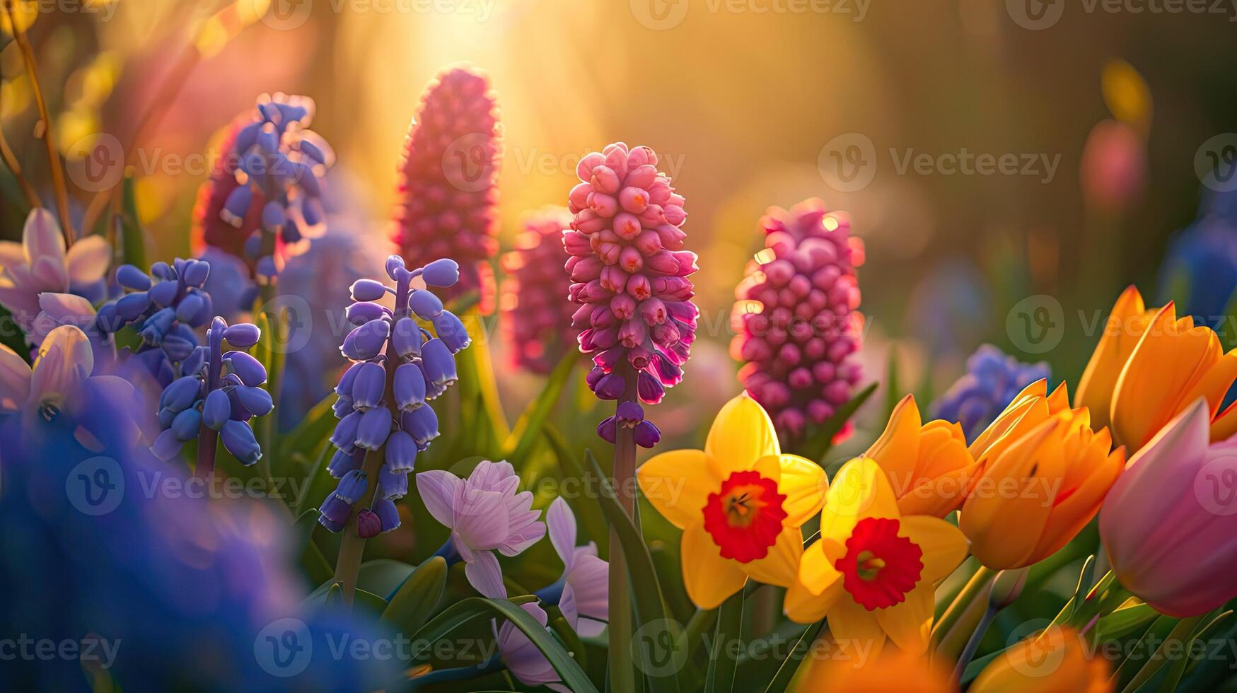AI generated Spring flowers in sunny day in nature, Hyacinth, Crocus, Daffodil, tulip,,Colorful natural spring background, AI generated photo