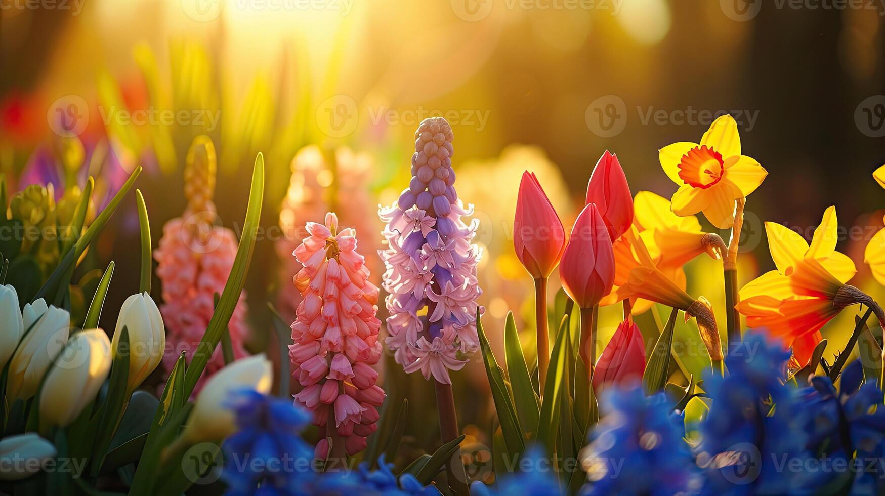 AI generated Spring flowers in sunny day in nature, Hyacinth, Crocuses, Daffodils, tulips,, Colorful natural spring background, AI generated photo