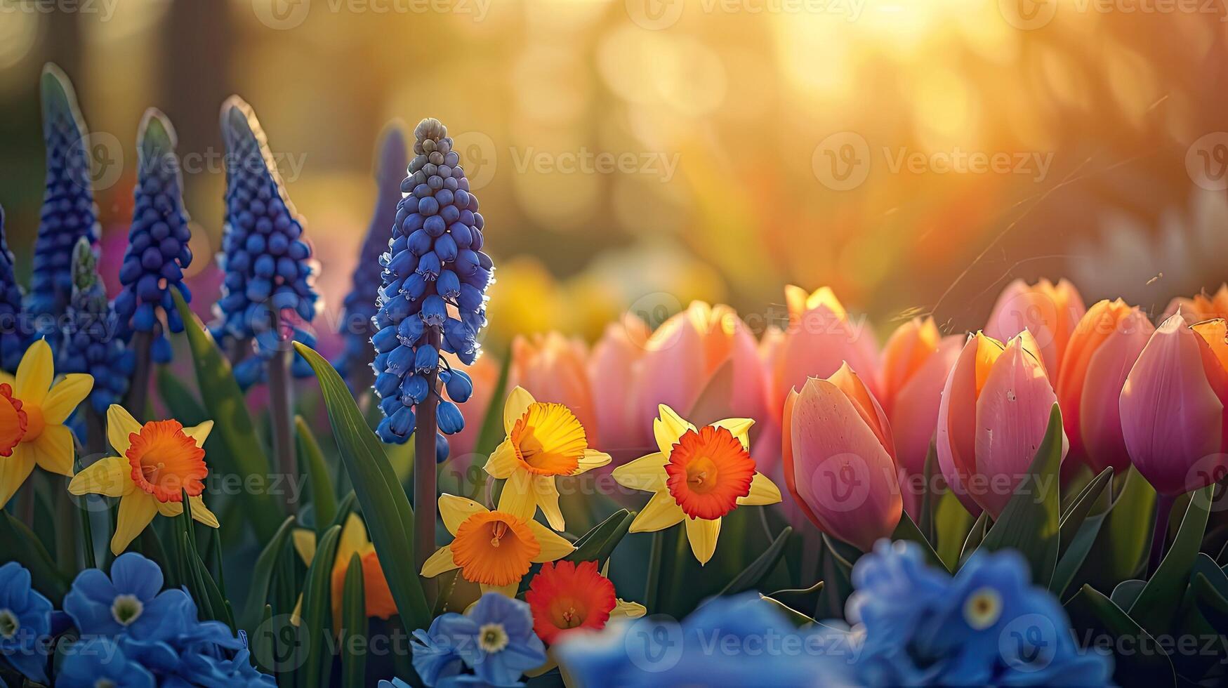 AI generated Spring flowers in sunny day in nature, Hyacinths, Crocuses, Daffodils, tulips, Colorful natural spring background, photo