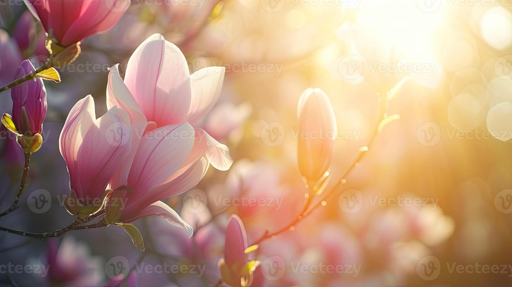 AI generated Spring flowers in sunny day in nature, blooming Magnolia, Colorful natural spring background, AI generated photo