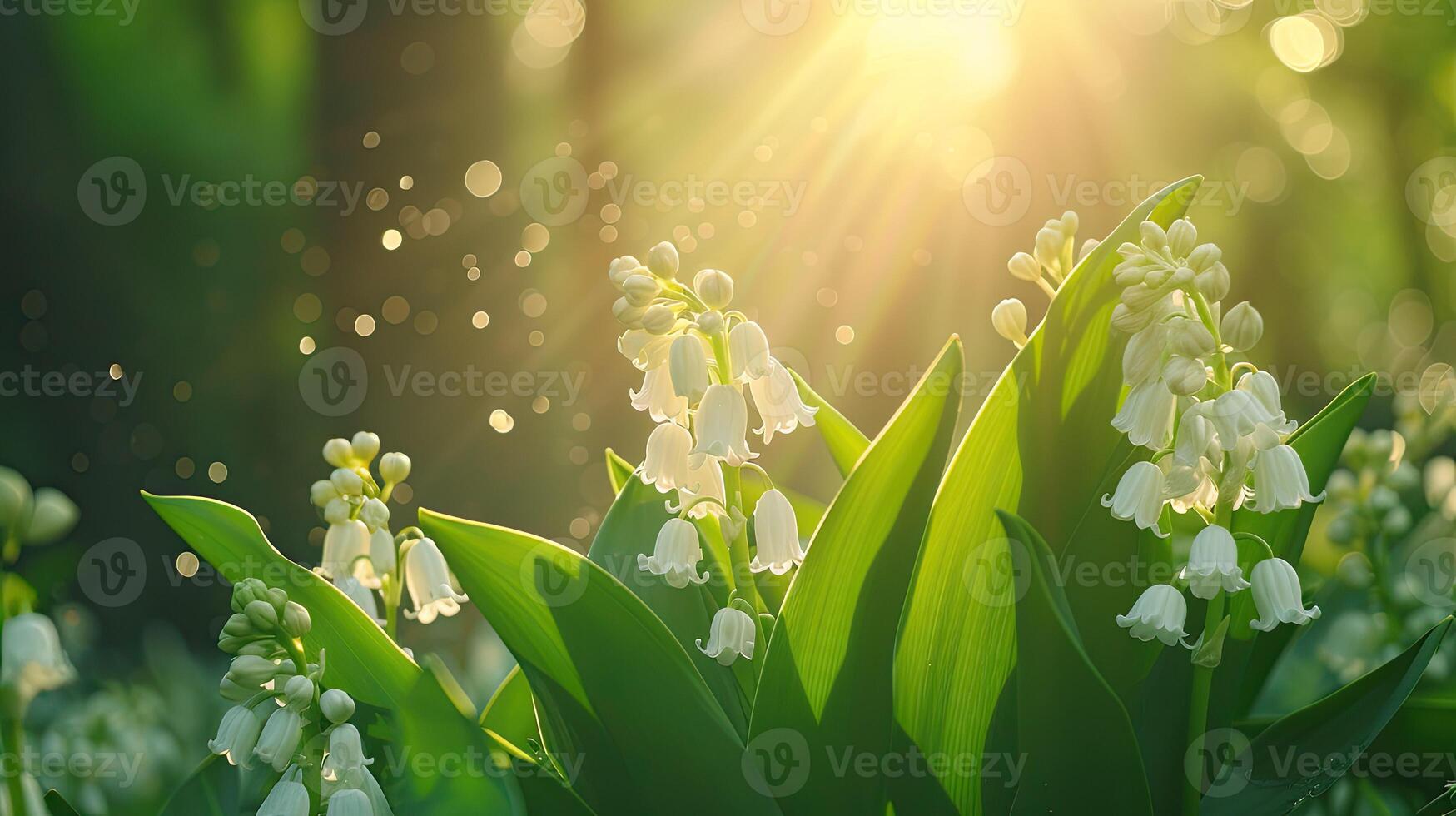 AI generated Spring flowers in sunny day in nature, Lily of the valleyColorful natural spring background, AI generated photo