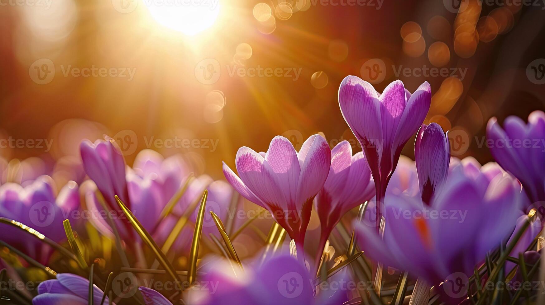 AI generated Spring flowers in sunny day in nature, Crocuses, Colorful natural spring background, photo