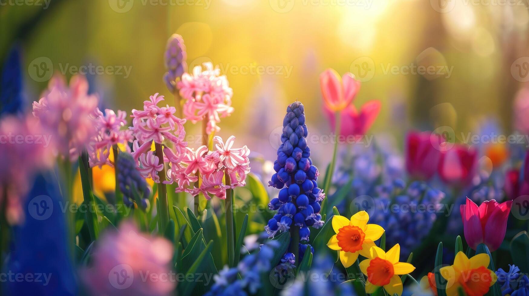 AI generated Spring flowers in sunny day in nature, Hyacinth, Crocus, Daffodil, tulip,,Colorful natural spring background, AI generated photo