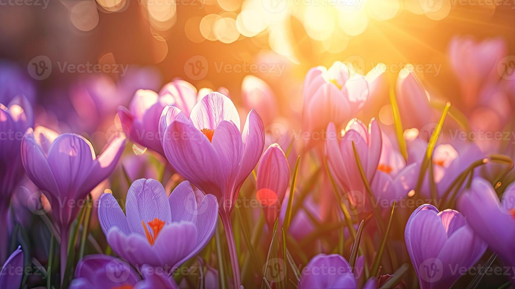 AI generated Spring flowers in sunny day in nature, blooming crocuses, Colorful natural spring background, AI generated photo