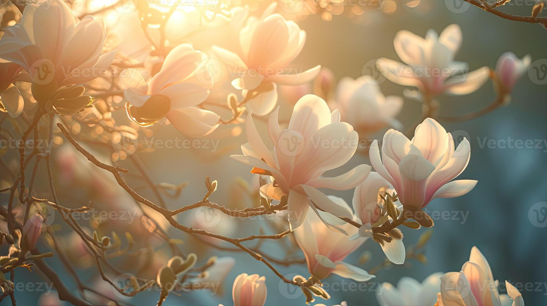 AI generated Spring flowers in sunny day in nature, Magnolia, Colorful natural spring background, AI generated photo