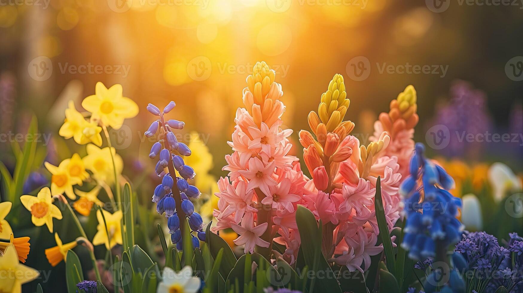 AI generated Spring flowers in sunny day in nature, Hyacinths, Crocuses, Daffodils, tulips, Colorful natural spring background, photo