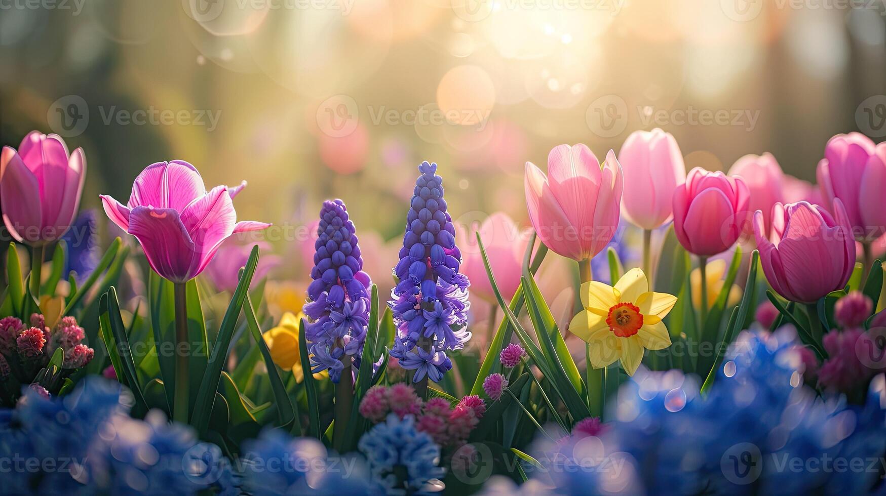 AI generated Spring flowers in sunny day in nature, Hyacinths, Crocuses, Daffodils, tulips, Colorful natural spring background, AI generated photo
