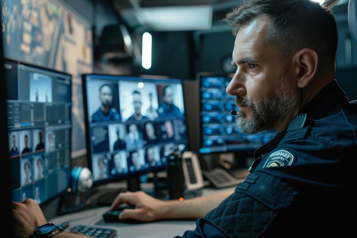 AI generated Police Officer Monitoring Security Cameras with AI generated. photo