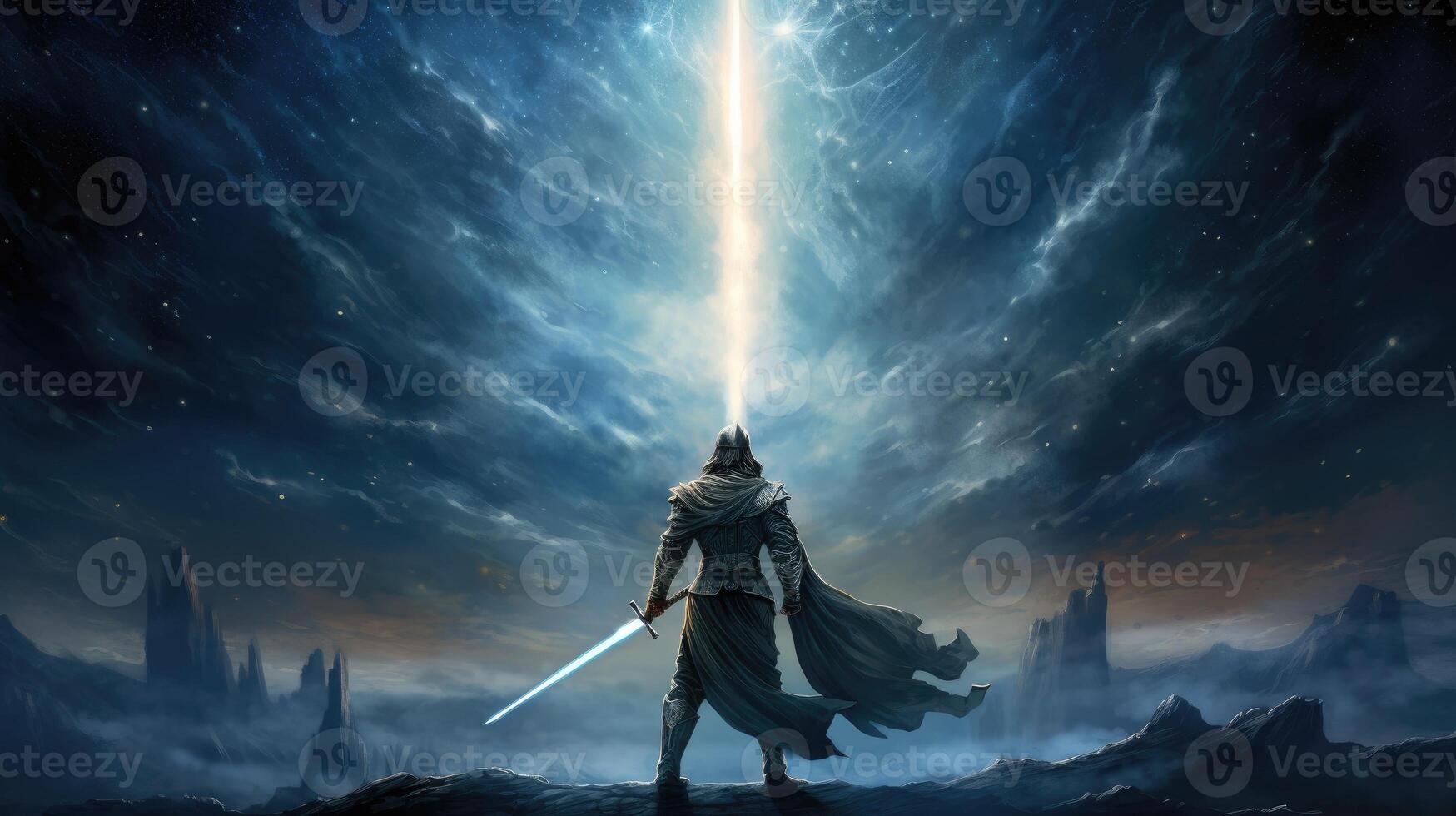 AI generated The mythical warrior stands resolute against the starry night sky with his sword. Fantasy art. photo