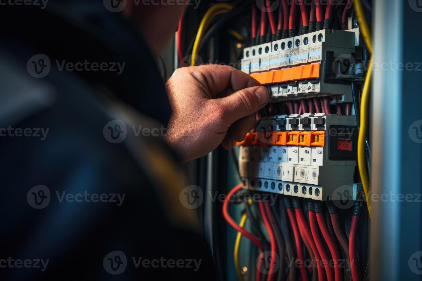 AI generated Close up detail of an electrician hands working with wires and fuse switch box. photo