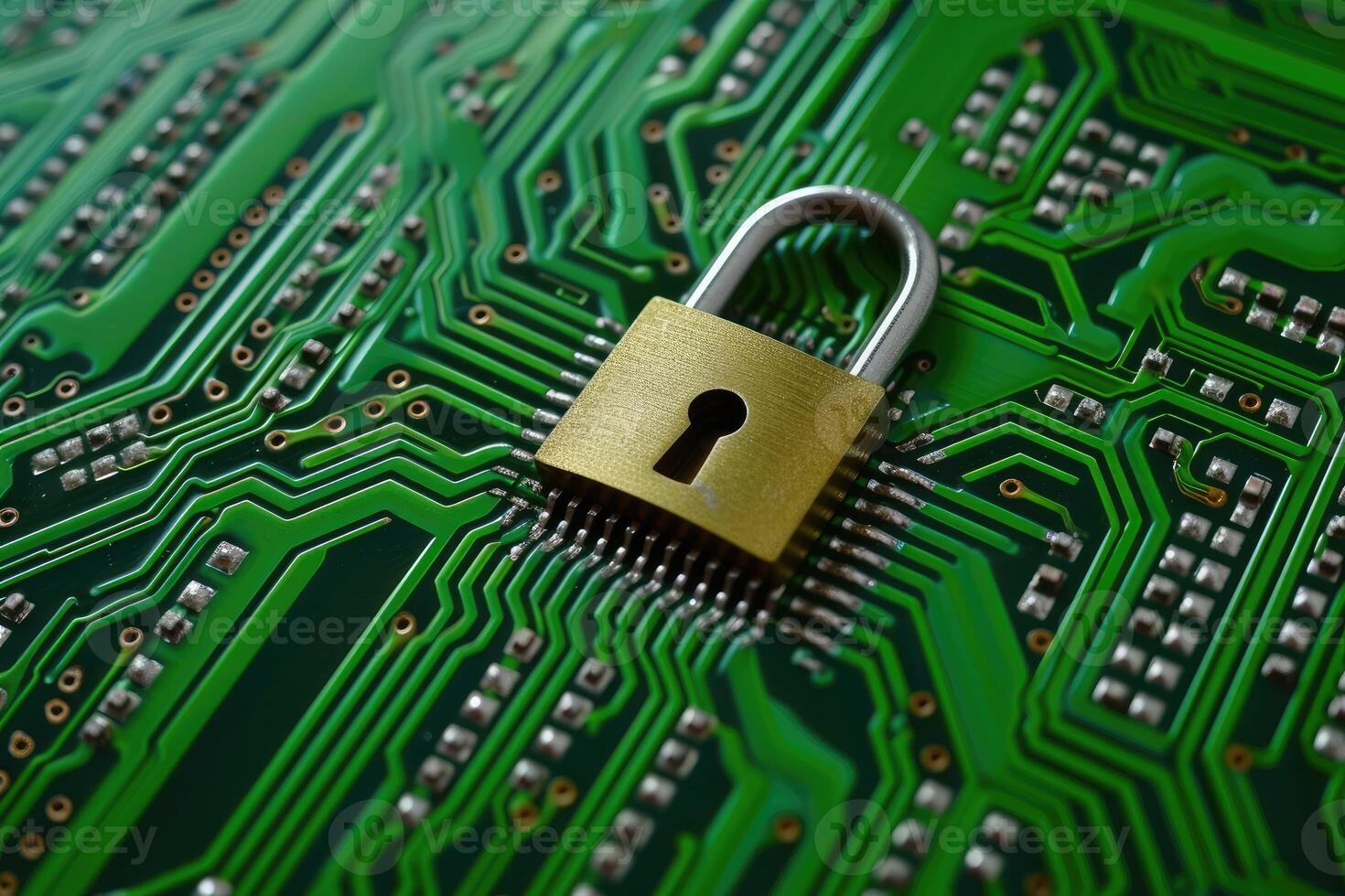AI generated Cyber security concept. Padlock on circuit board background photo