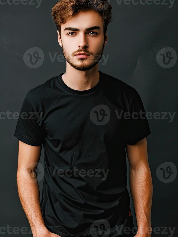 AI generated Mockup for design. Man in black t-shirt in front. photo