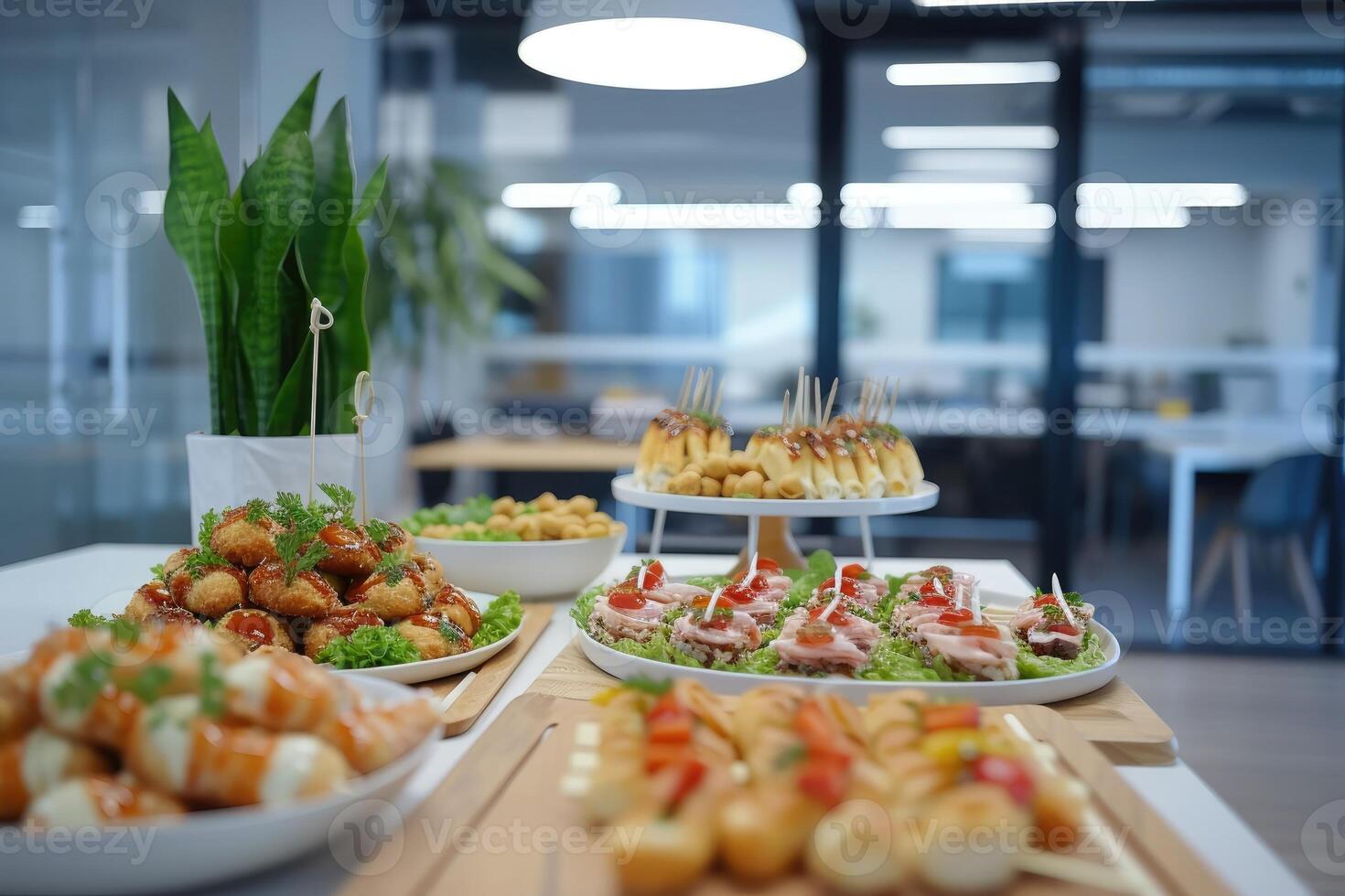 AI generated Catering in the office. Table with canapes and various snacks served on the background of a business meeting. photo