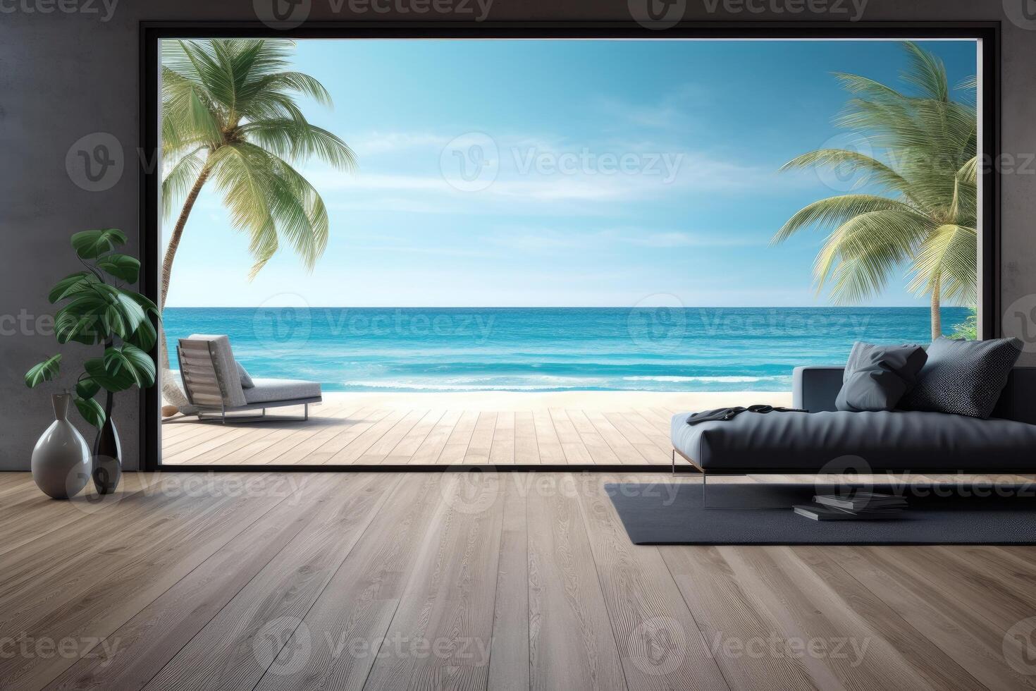 AI generated Sea view empty large living room of luxury summer beach house with wooden terrace. Minimal home interior with beach and sea view. photo