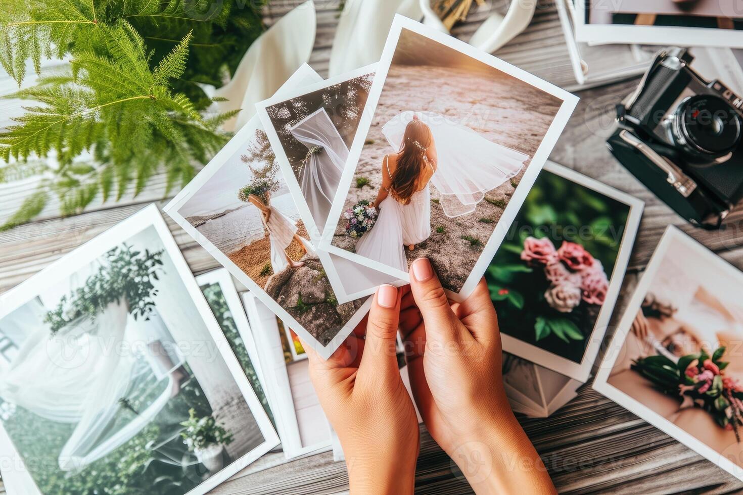 AI generated Woman looks at beautiful printed wedding photos