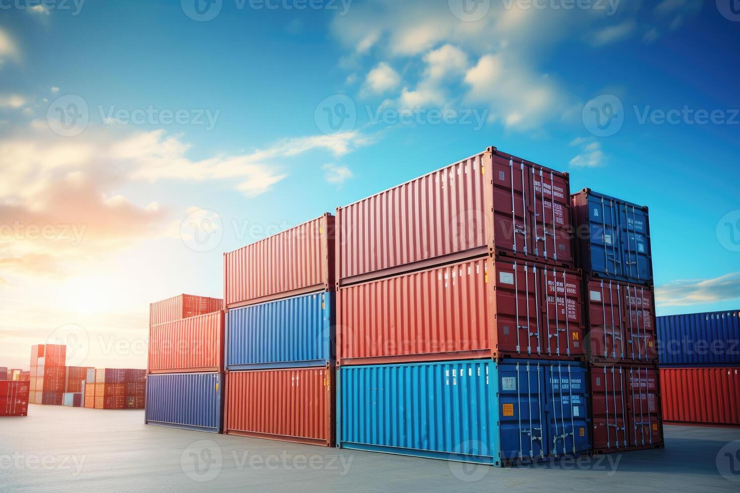 AI generated Stack of blue container boxes with sky background. Cargo freight shipping for import and export logistics photo