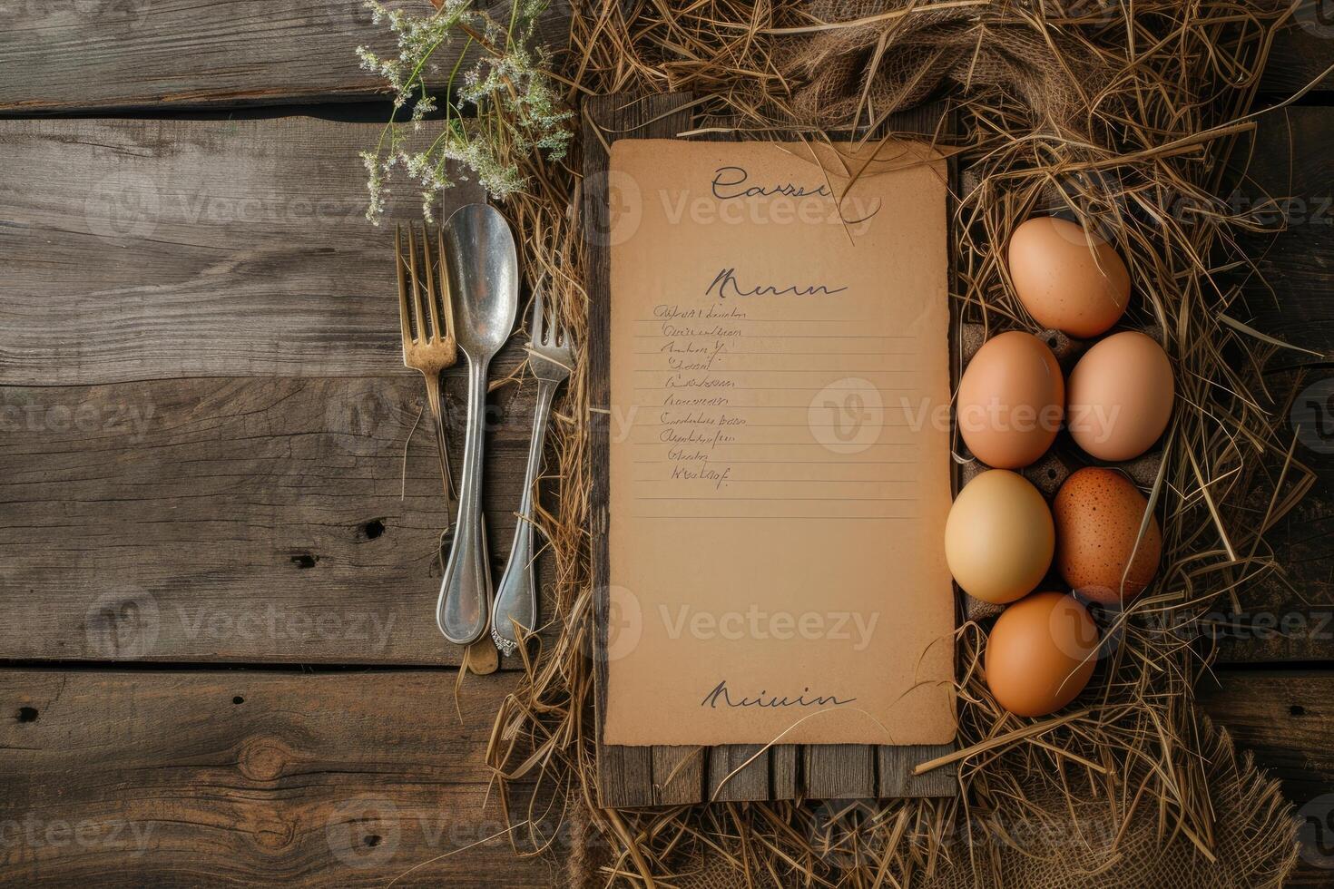 AI generated Easter dinner menu. easter eggs and menu board with fork and knife lying on wooden rustic table photo