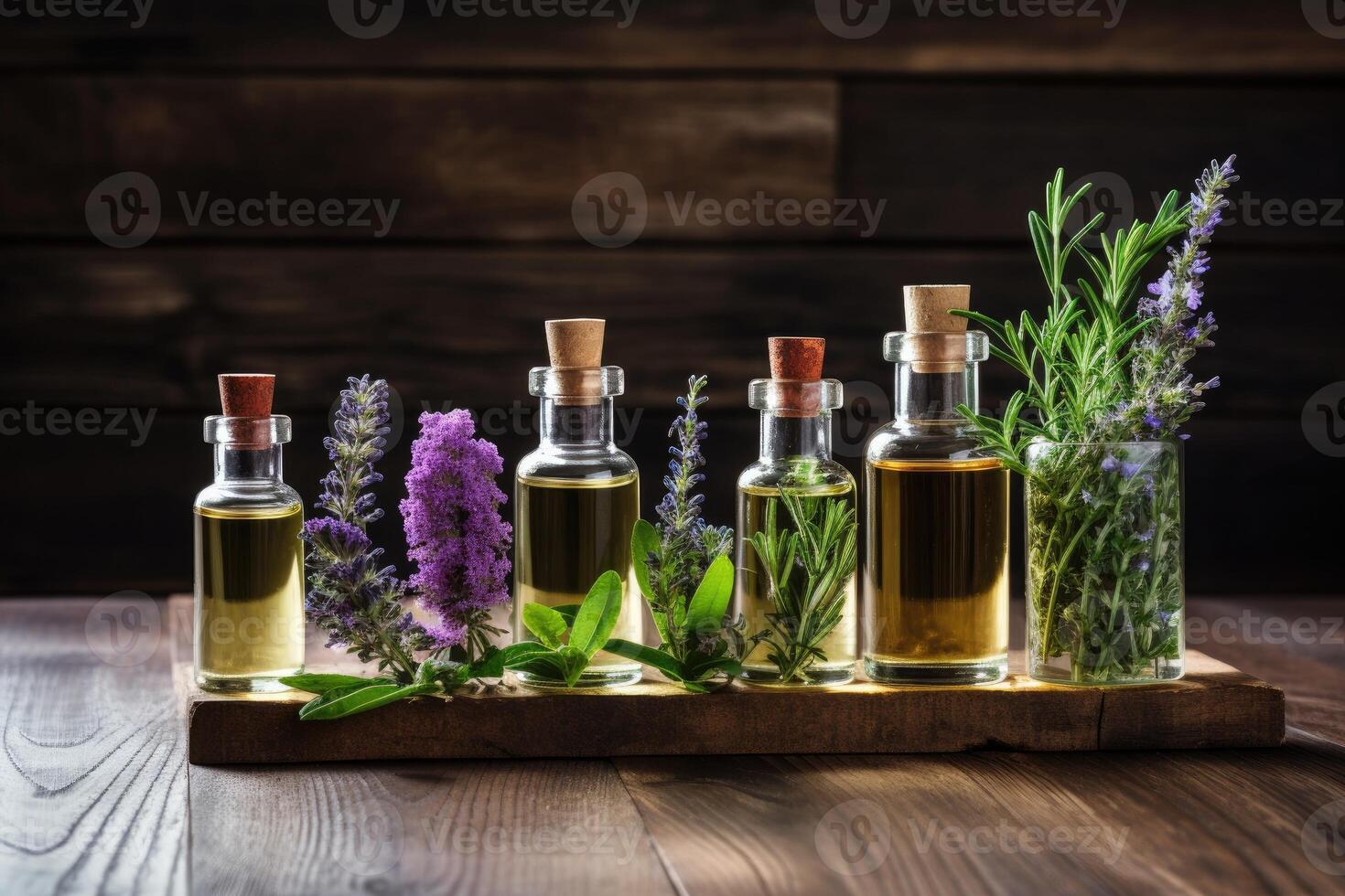 ai generado un surtido de esencial petróleo botellas con Fresco plantas tal como lavanda, menta y Romero foto