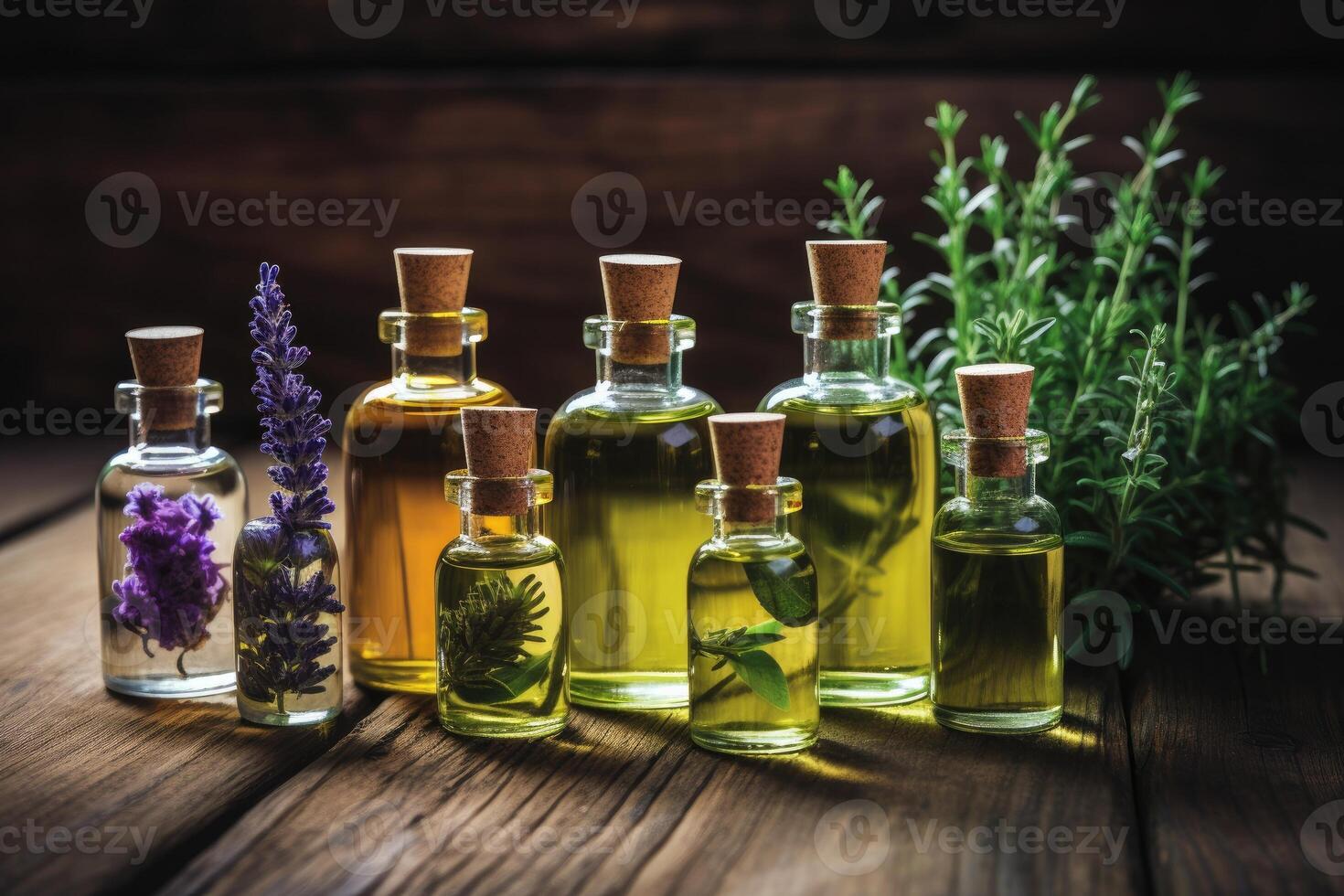 ai generado un surtido de esencial petróleo botellas con Fresco plantas tal como lavanda, menta y Romero foto