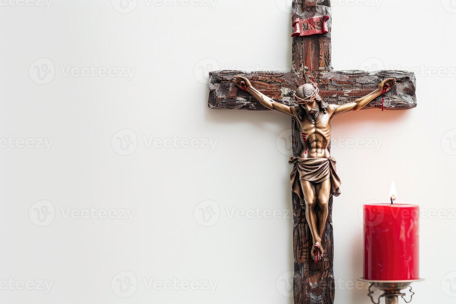 AI generated Crucifix with the figure of Jesus on the white wall of the church and a red candle photo