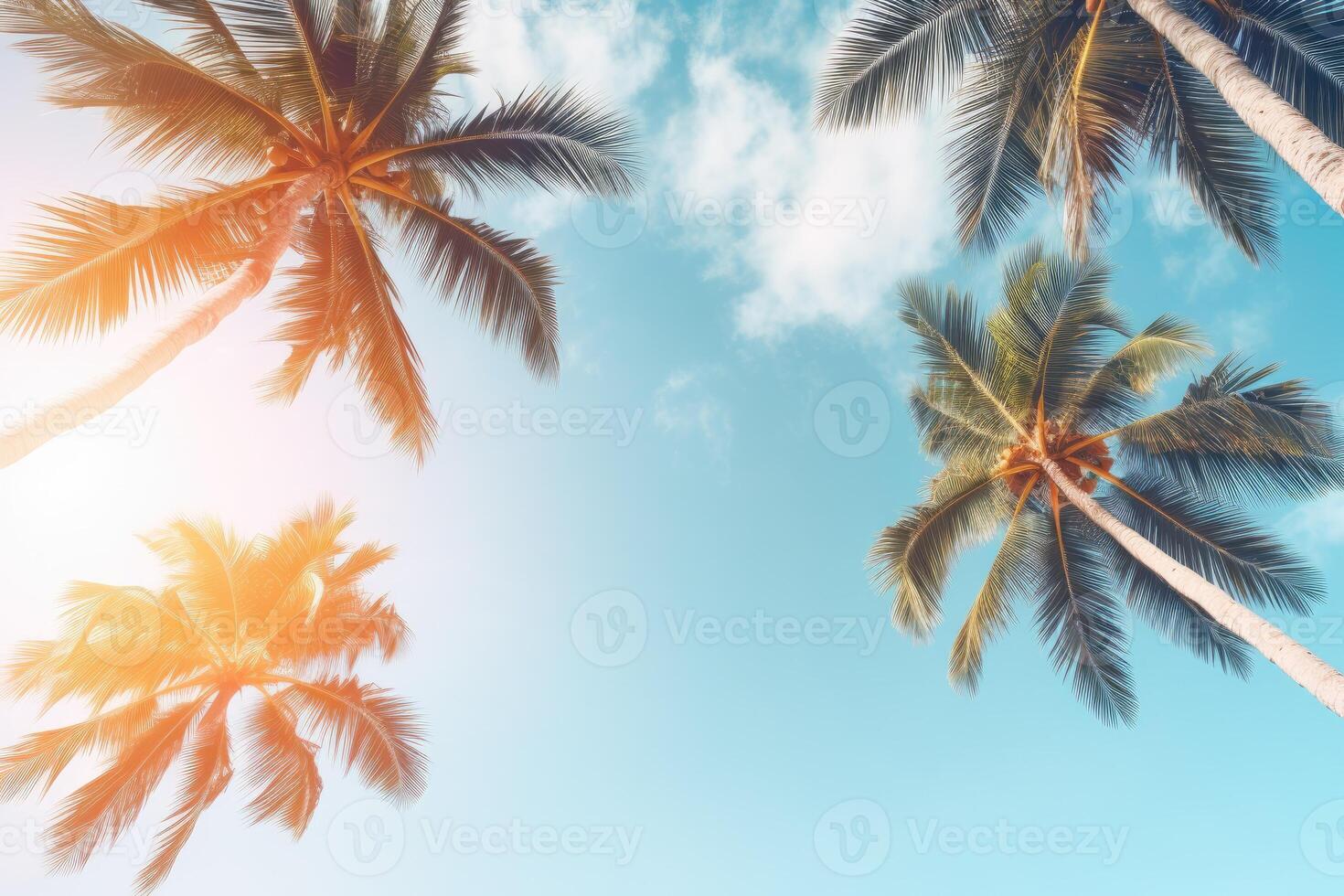 AI generated Blue sky and palm trees view from below, vintage style, tropical beach and summer background, travel concept photo