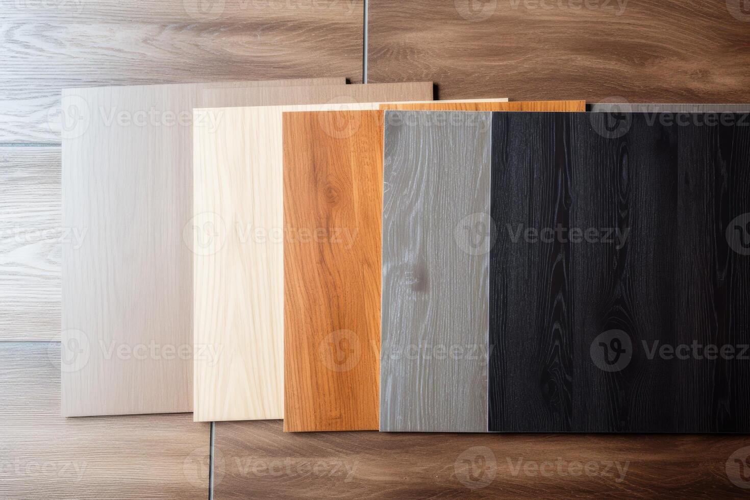 AI generated Wood laminate floor samples, vinyl tile. Assortment of parquet or laminate floor samples in natural colors. photo