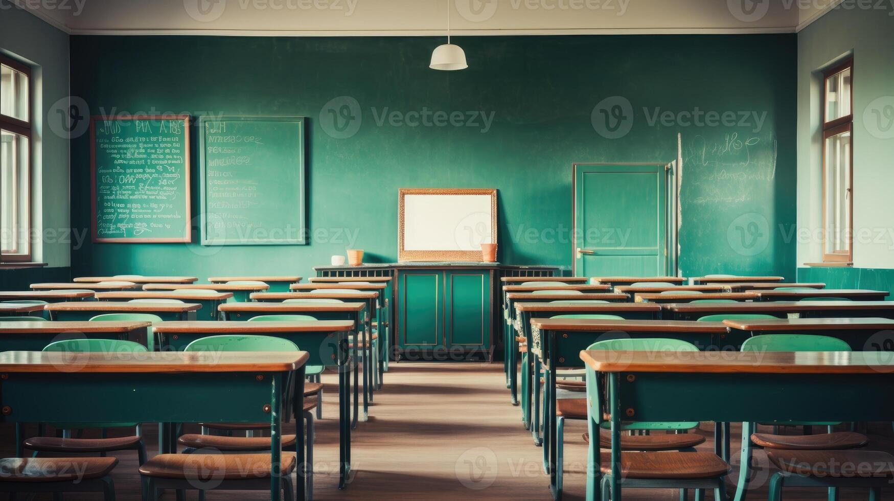 AI generated Empty classroom. Back to school concept in high school. Vintage wooden chairs and desks. Studying lessons in secondary education. photo