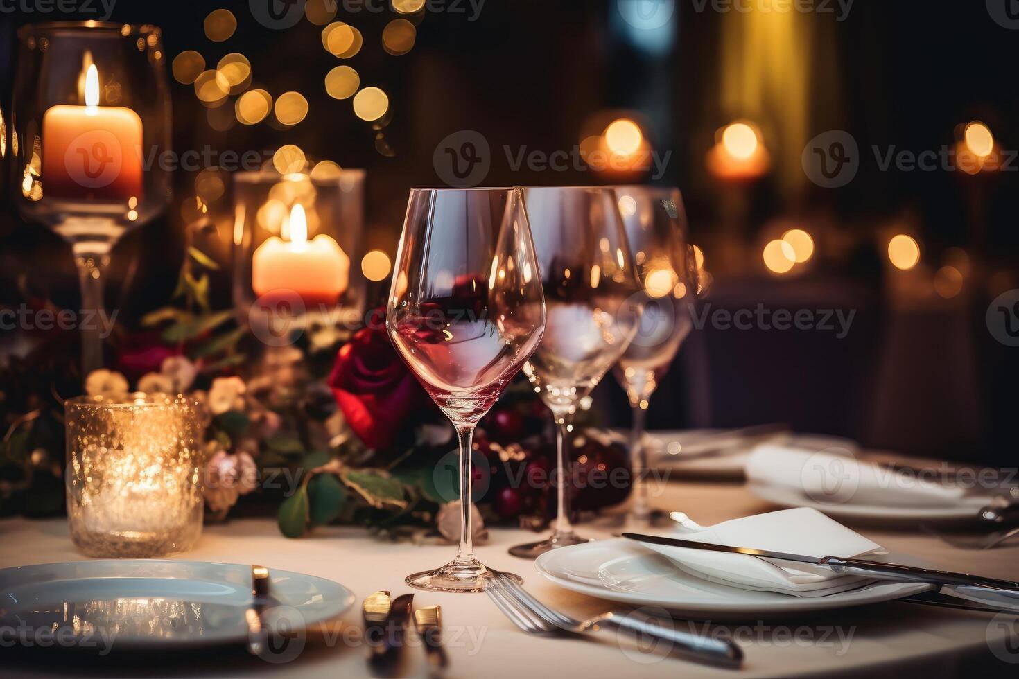 AI generated Wine glasses and elegant and selected decoration on the restaurant table romantic atmosphere, dining menu for guests photo