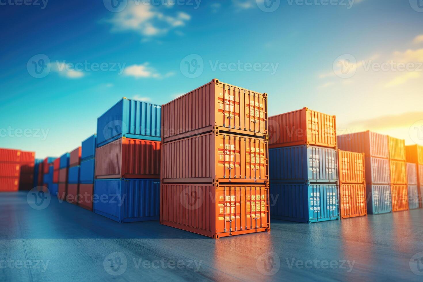 AI generated Stack of blue container boxes with sky background. Cargo freight shipping for import and export logistics photo