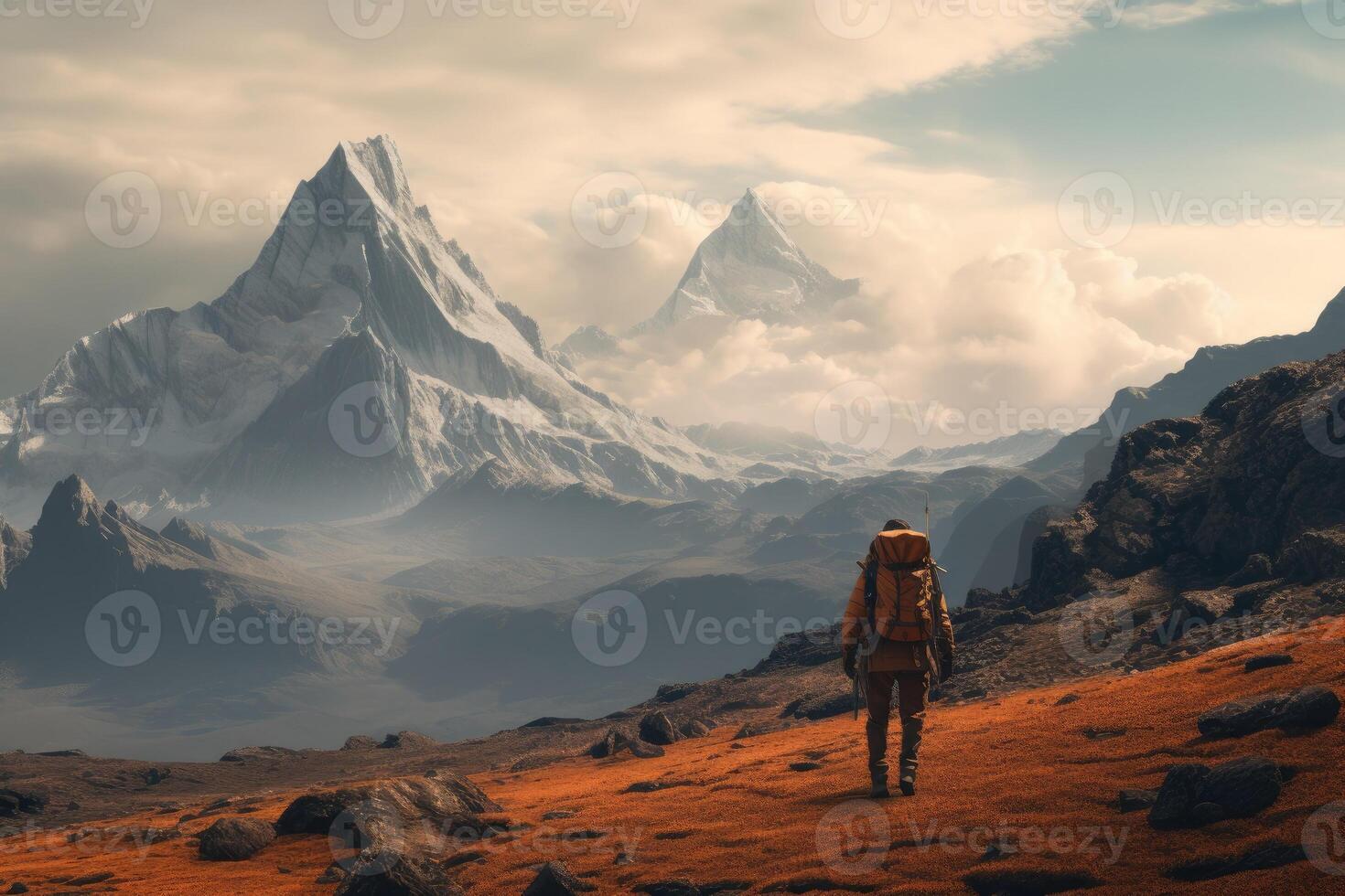 AI generated Hiker walking to mountains. photo