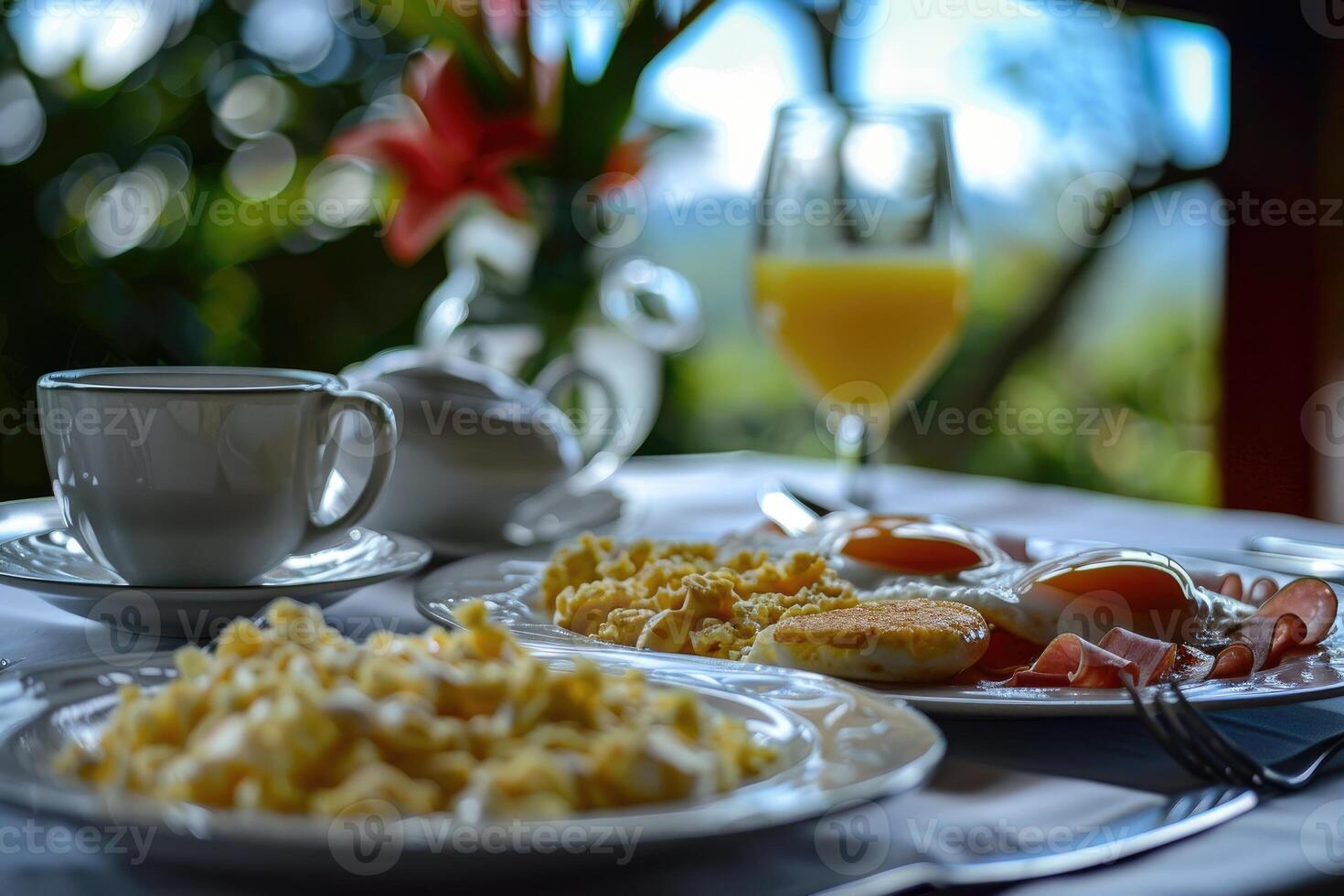 AI generated Breakfast served with coffee, orange juice, scrambled eggs, cereals, ham and cheese. photo
