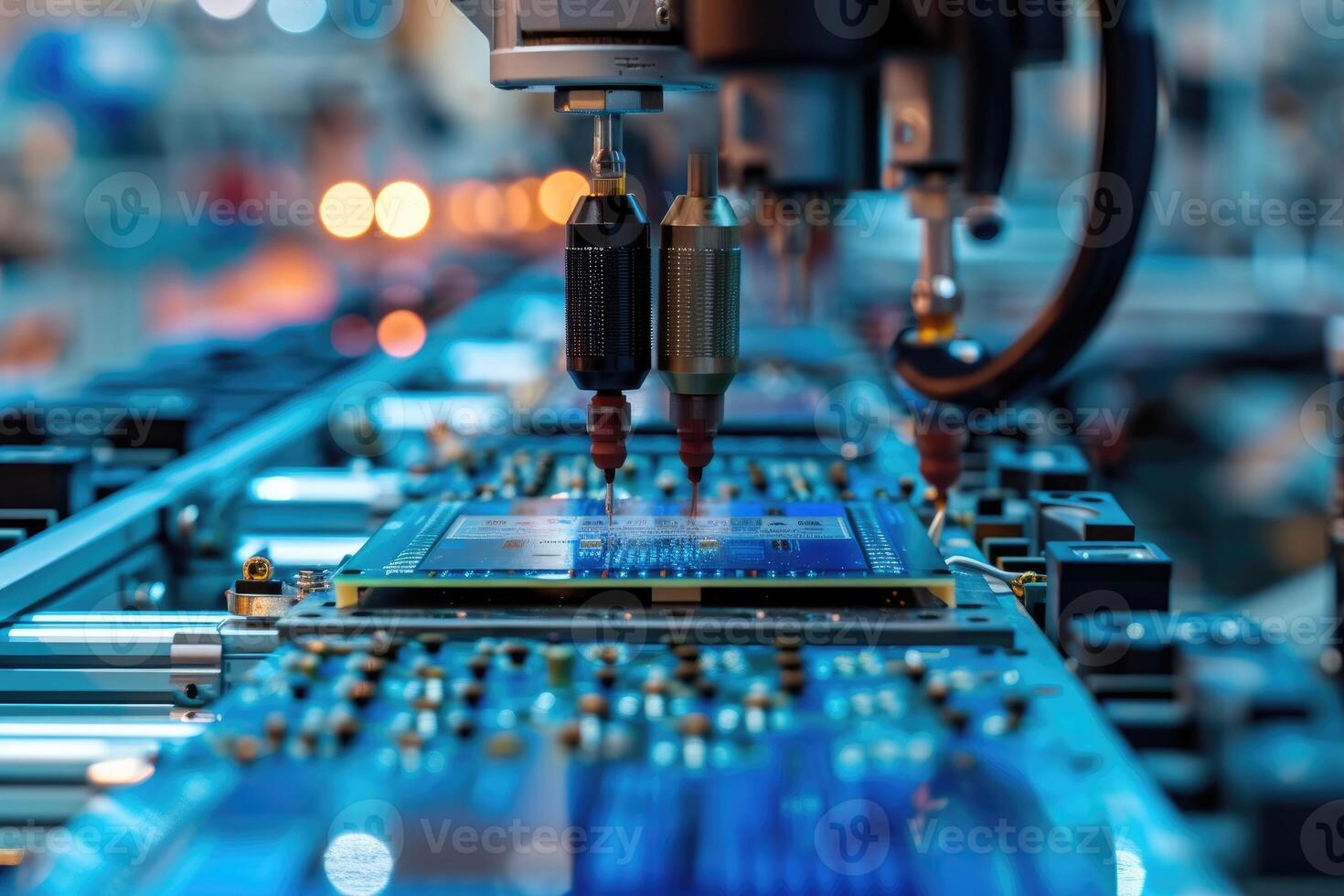 AI generated Robotic manufacturing of semiconductors and computer chips from silicon wafers. Modern technology concept photo