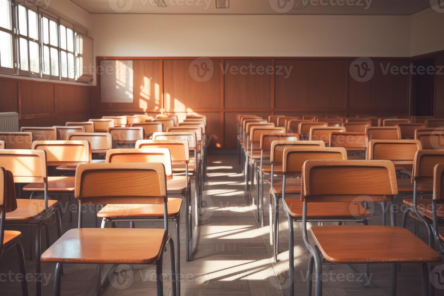 AI generated Empty classroom. Back to school concept in high school. Vintage wooden chairs and desks. Studying lessons in secondary education. photo