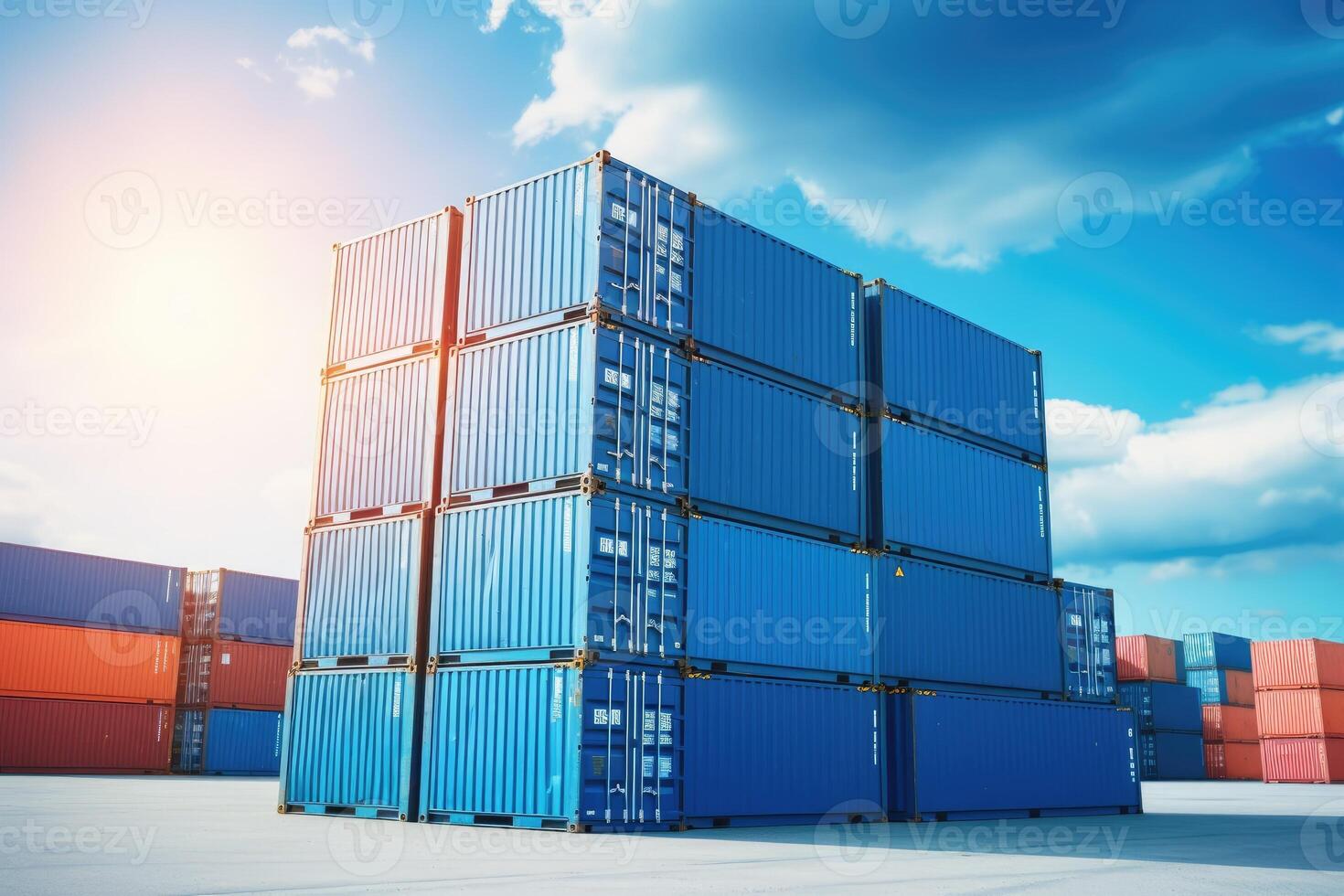 AI generated Stack of blue container boxes with sky background. Cargo freight shipping for import and export logistics photo