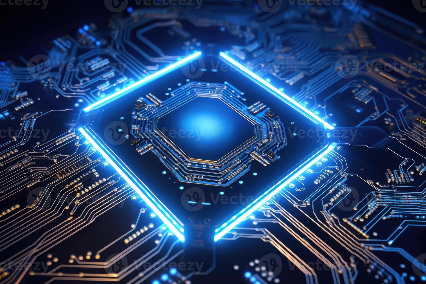 AI generated Complex circuit board, illustrating the integration of artificial intelligence technology with electronic hardware. photo