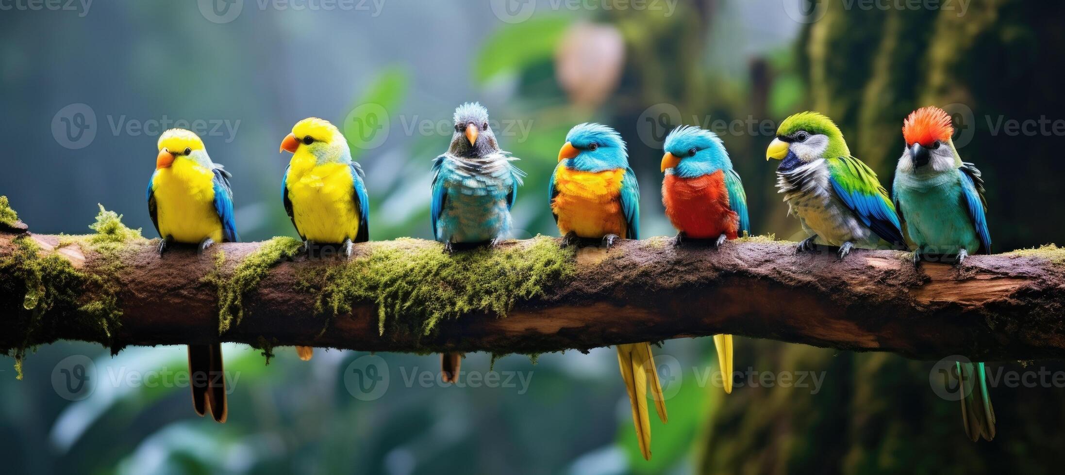 ai generado tropical aves sentado en un árbol rama en el selva foto