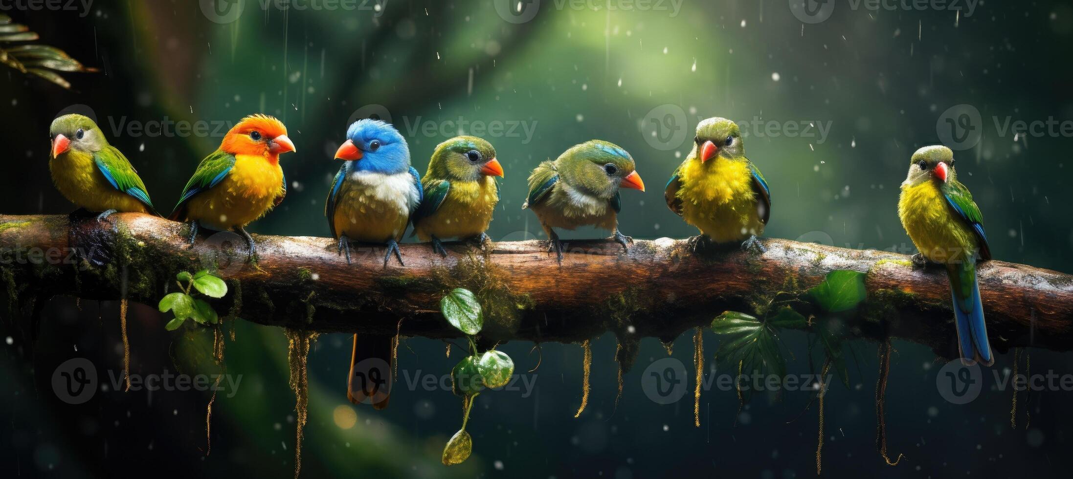 AI generated Tropical birds sitting on a tree branch in the rainforest photo