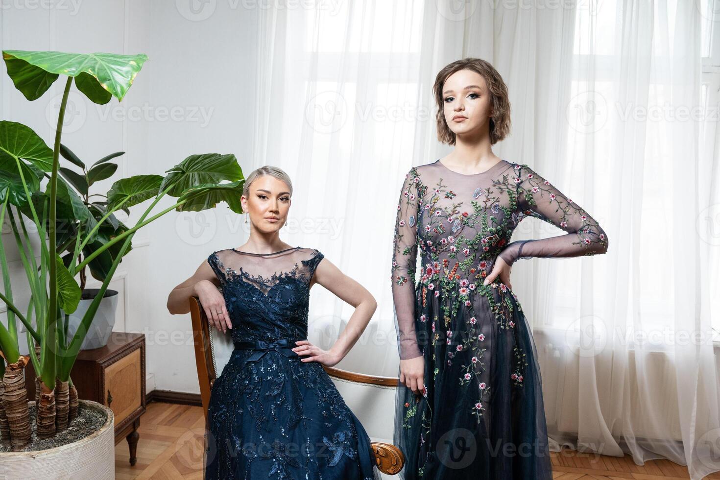 Two women in a blue dress stand in front of a wooden cabinet photo