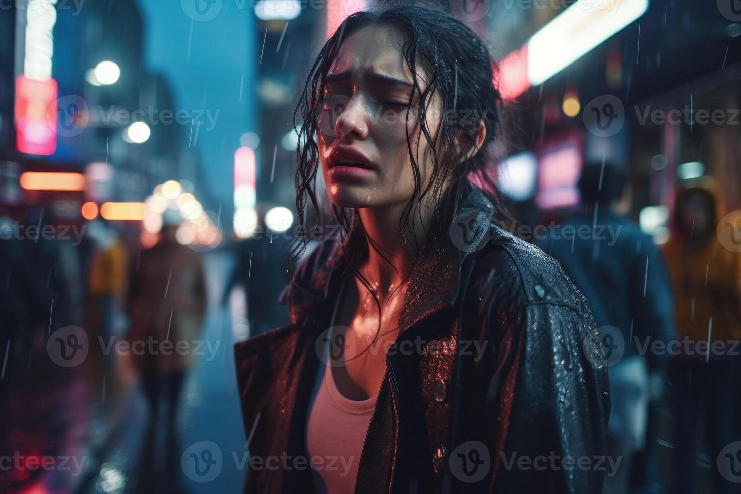 ai generado un mujer en pie en el lluvia en un ciudad calle foto