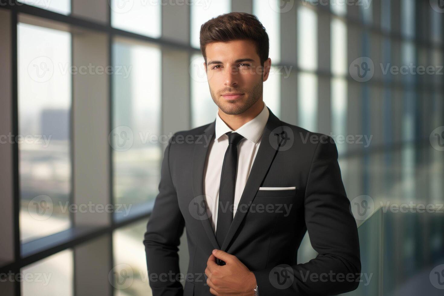 AI generated a man in a suit and tie standing in front of a window photo