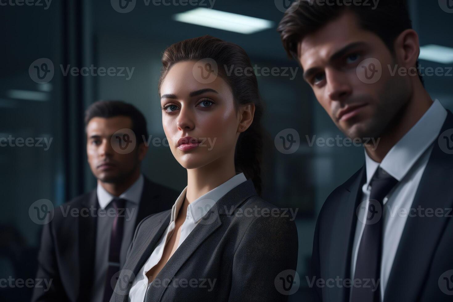 AI generated three business people standing in front of a window photo