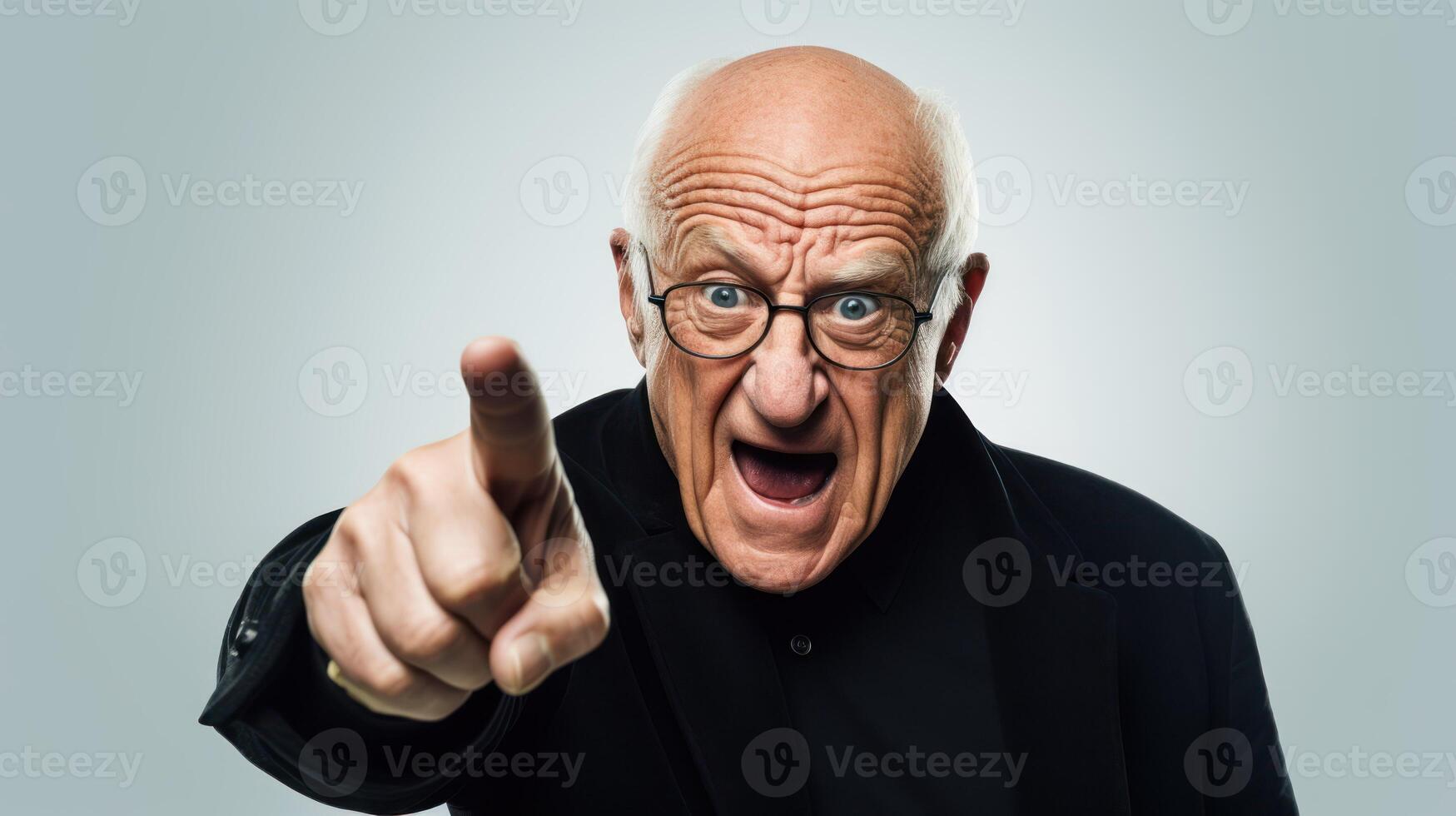 AI generated Elderly man, dressed in black, 60years old, pointing up. photo