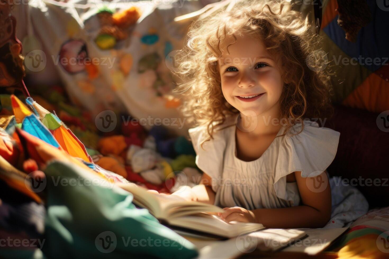 AI generated Child lying on a blanket, reading a book. photo