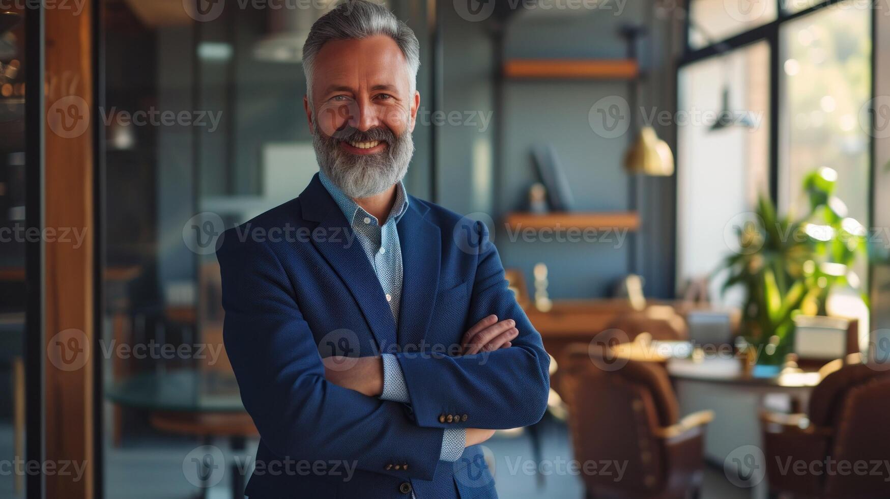 AI generated Happy mid aged business man ceo standing in office arms crossed. photo