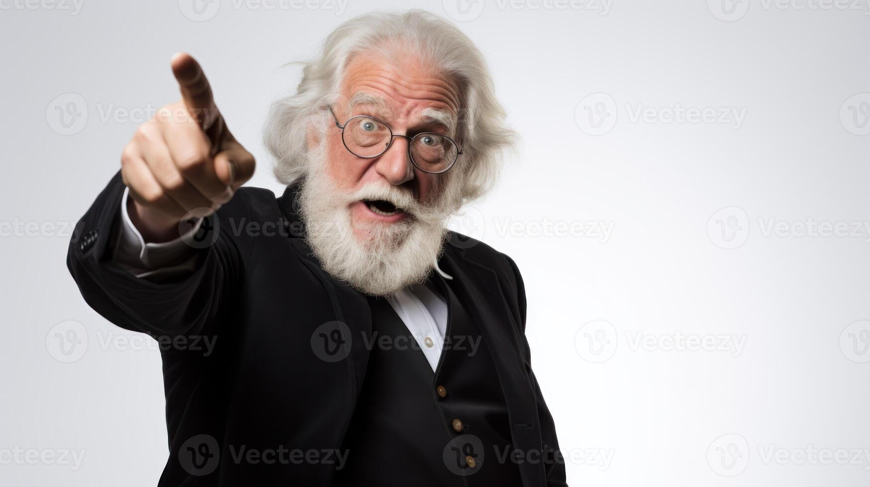 AI generated Elderly man, dressed in black, 60years old, pointing up. photo