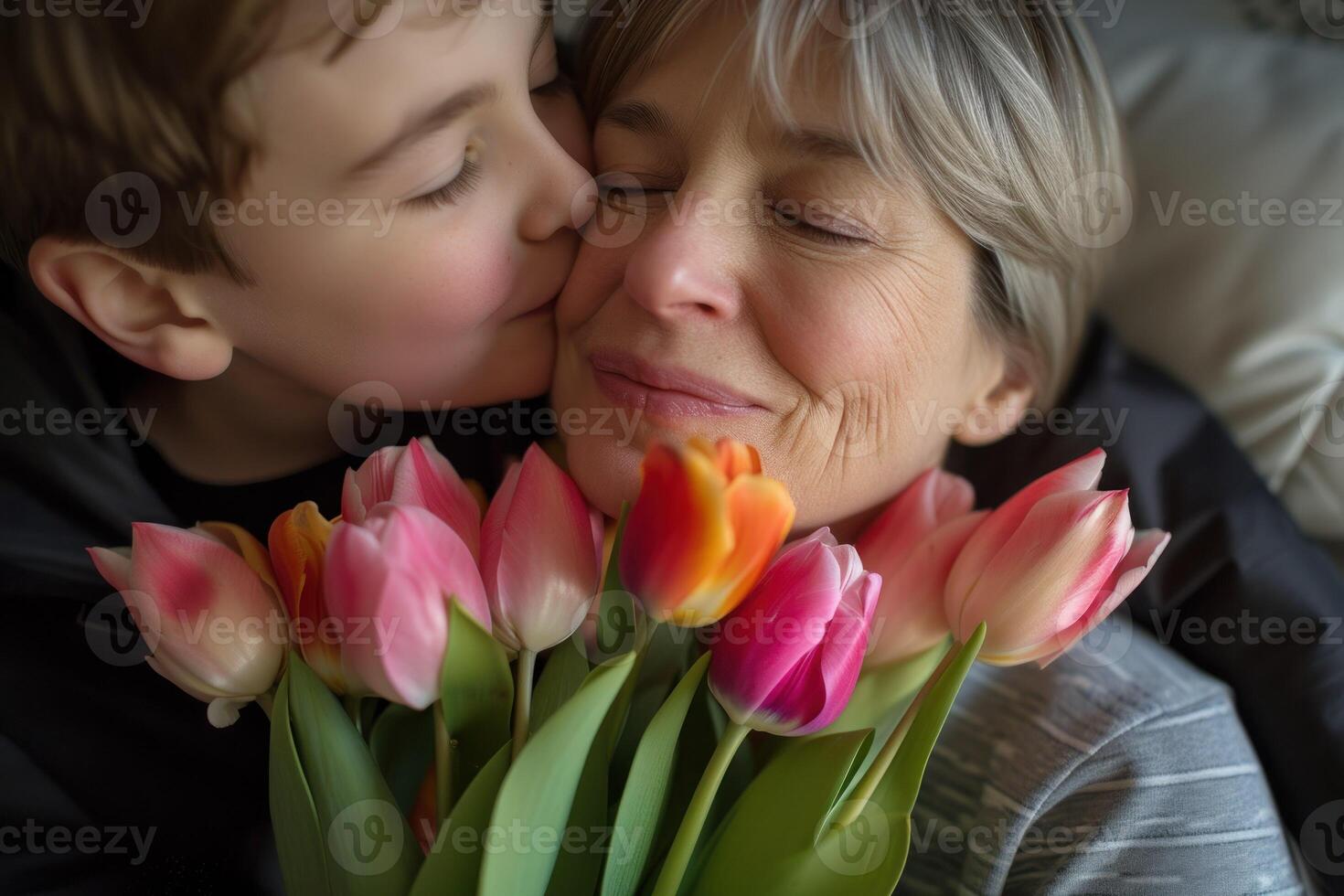 AI generated tender son kisses the happy mother and gives her a bouquet of tulips, congratulating her on mother's day photo