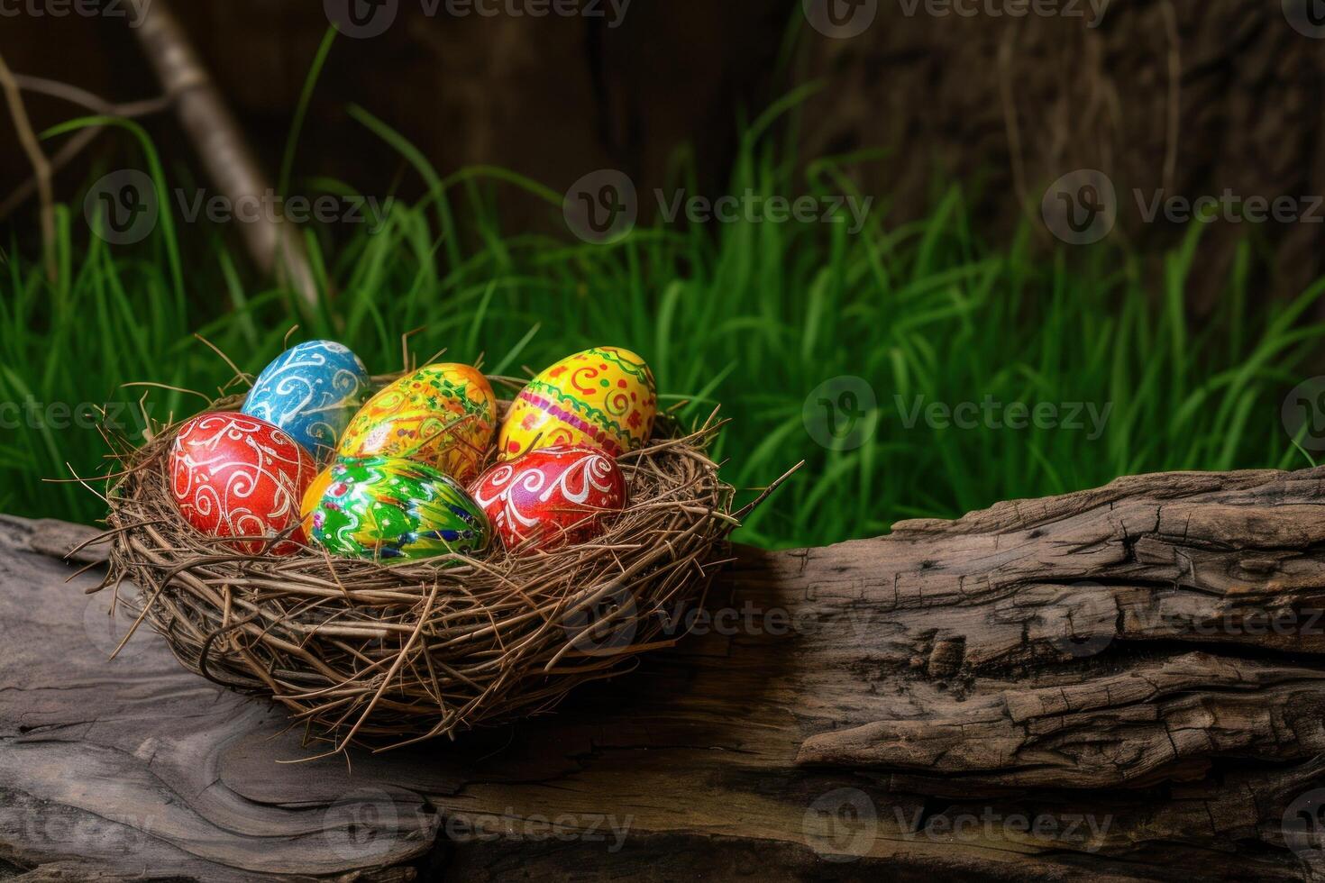 AI generated Colorful painted happy easter eggs in birds nest basket on rustic wooden photo