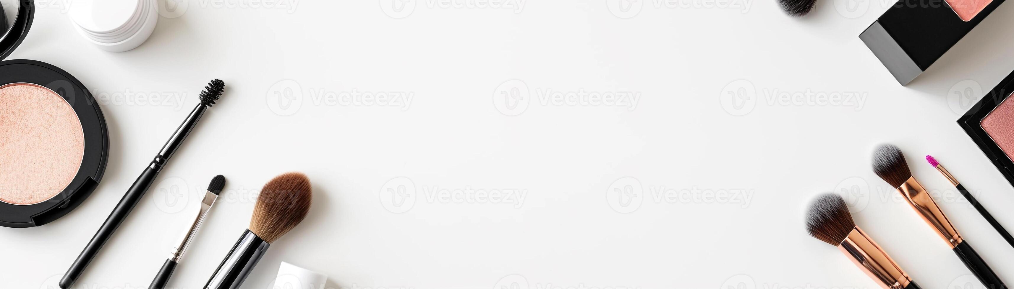 AI generated makeup brushes and cosmetic powders arranged neatly on a clean white background. copy space banner. photo