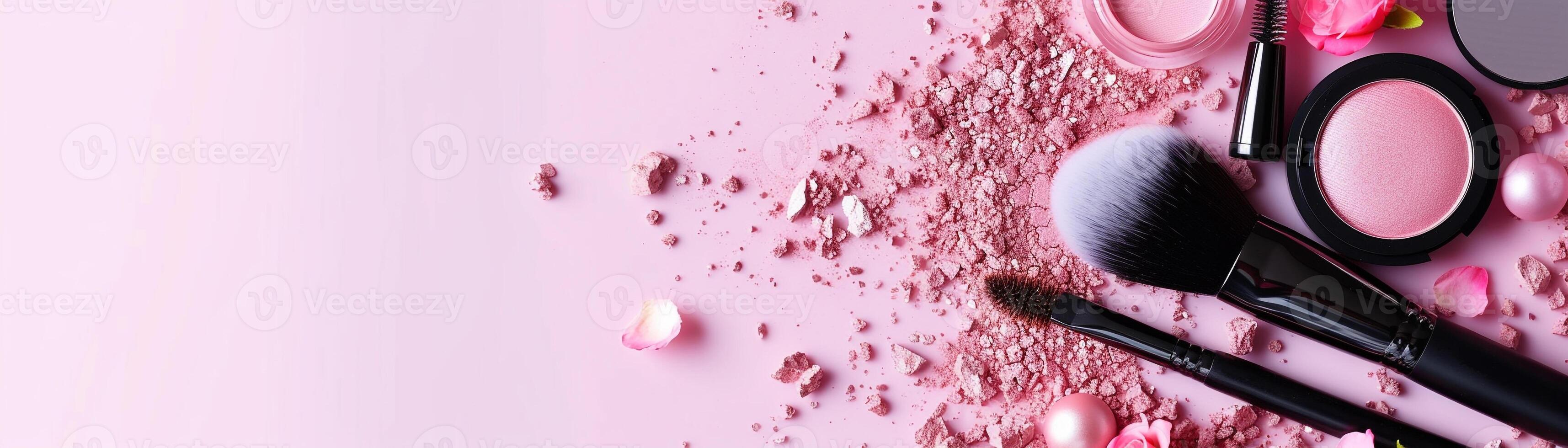 ai generado maquillaje cepillos y cosmético polvos arreglado pulcramente en un limpiar rosado antecedentes. Copiar espacio bandera. foto