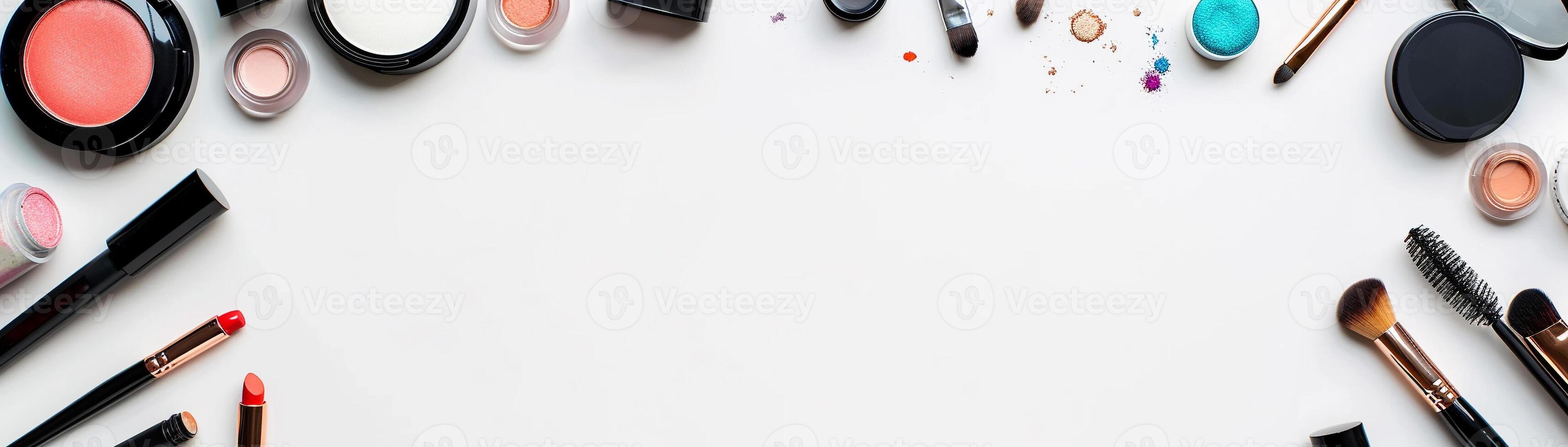 AI generated makeup brushes and cosmetic powders arranged neatly on a clean white background. copy space banner. photo